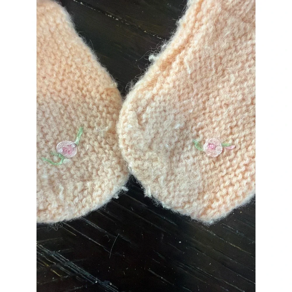 Vintage Hand Knit Baby Booties Pink Booties Rosebud Embroidery Ribbon Ties